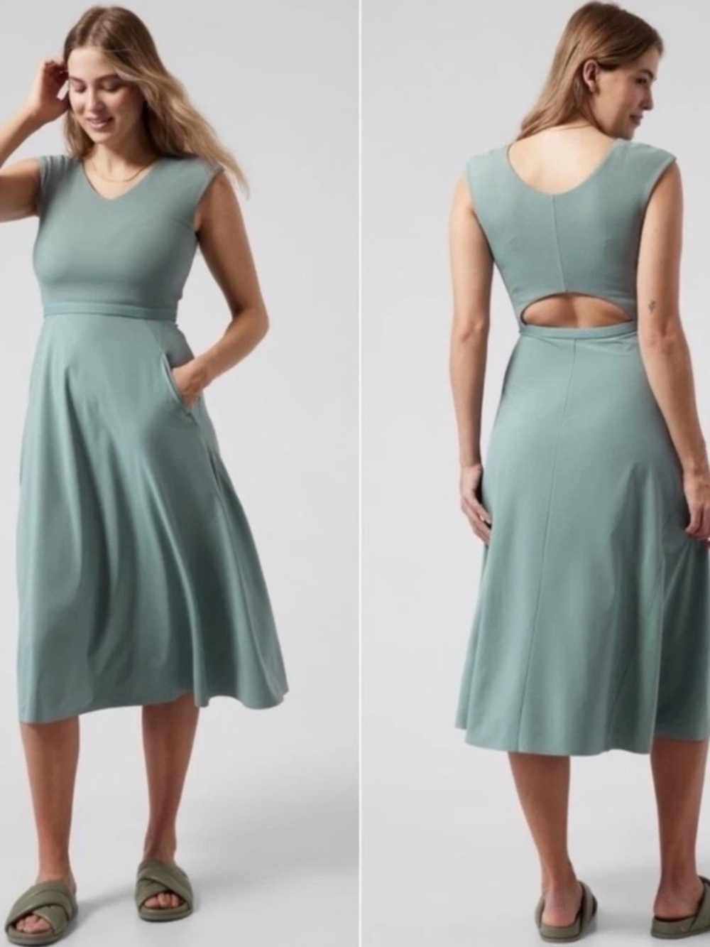 Athleta Ryder Sage Sleeveless A-Line Athleisure Midi Dress Pockets Cut out L P